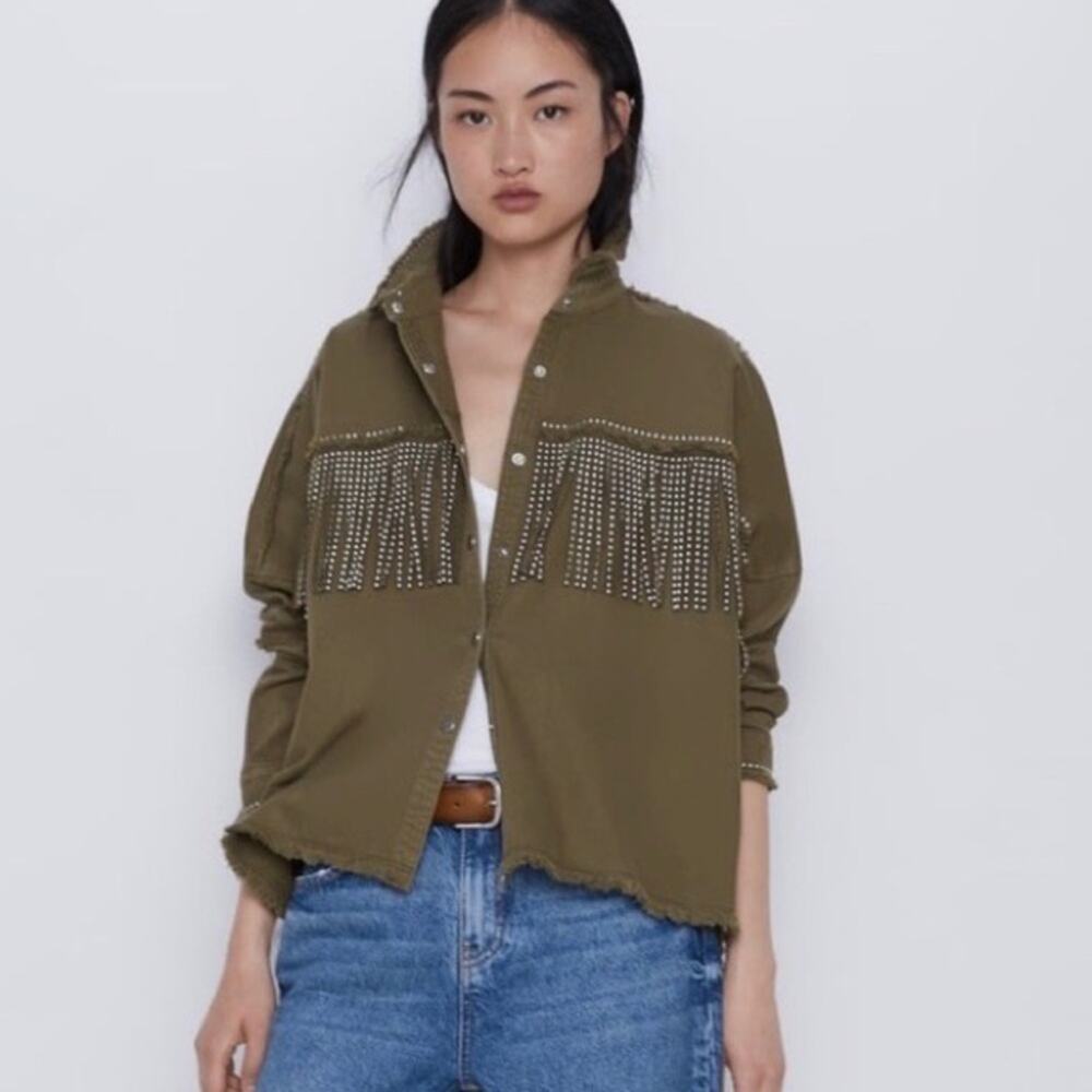 Zara Olive Green Fringe Shacket Size Medium